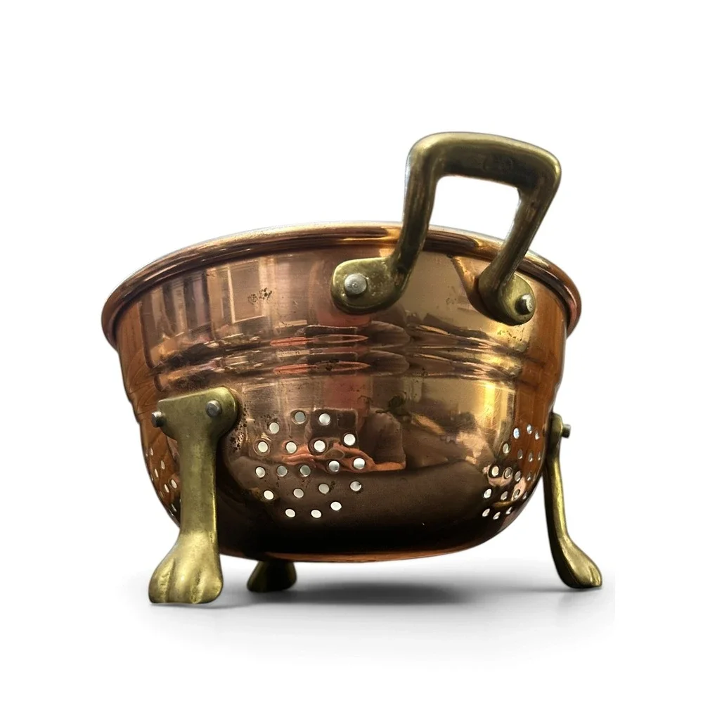 Vintage Solid Copper Colander Footed Brass Tripod Lion Paw Handles 70s Hang Tag